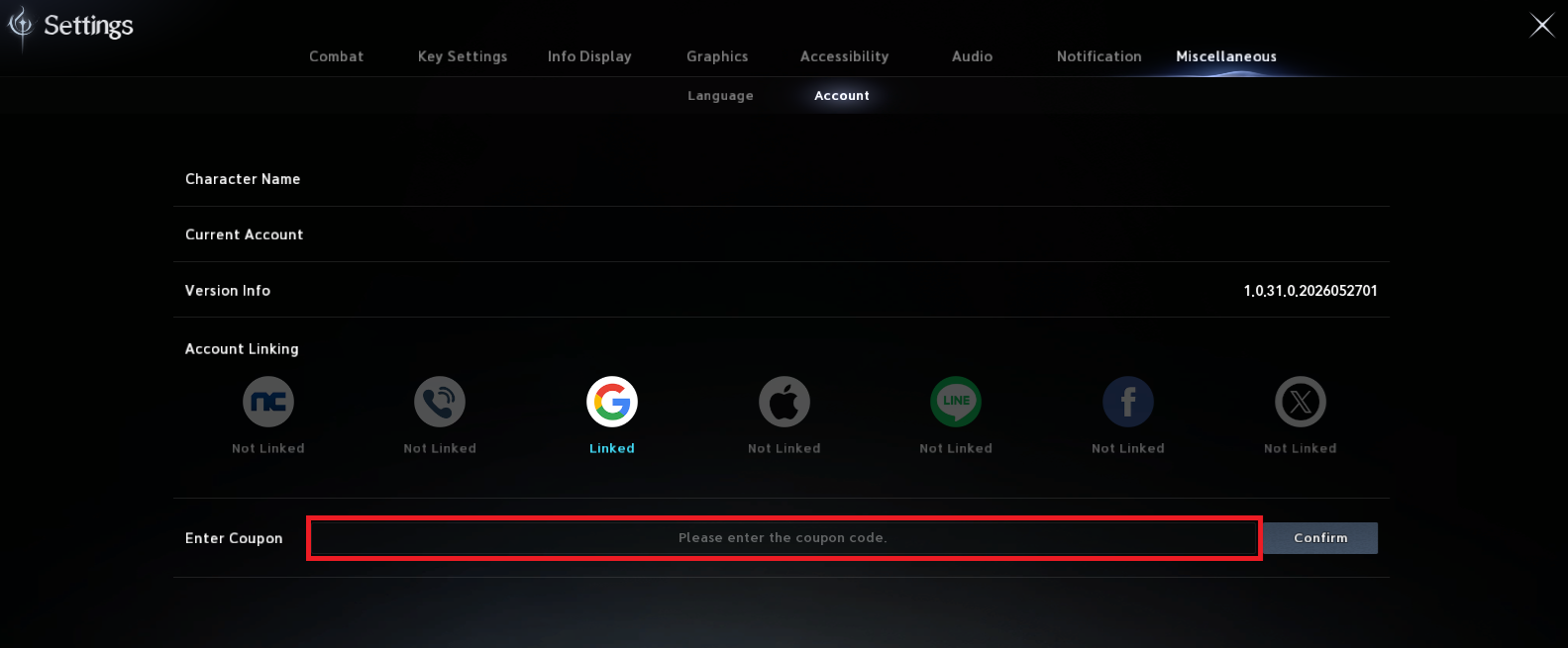 AION 2 Settings, Miscellaneous, Account tab with the Enter Coupon field highlighted