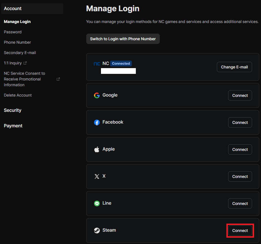Manage Login page listing NC, Google, Facebook, Apple, X, Line and Steam, with the Steam Connect button highlighted