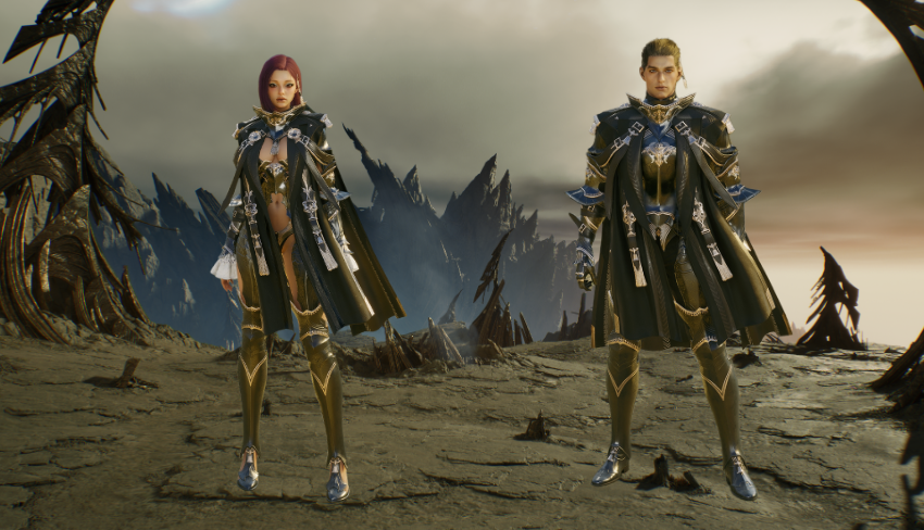 Male and female characters wearing the dark armored Ascended Daeva skin