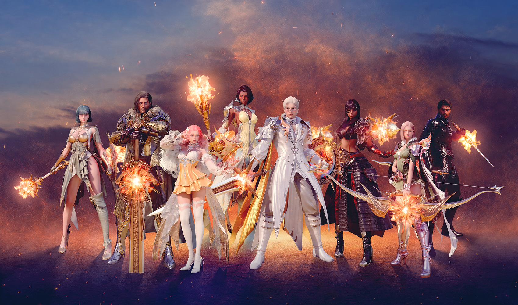 Group of characters holding glowing Eternal Sun weapon skins of several weapon types