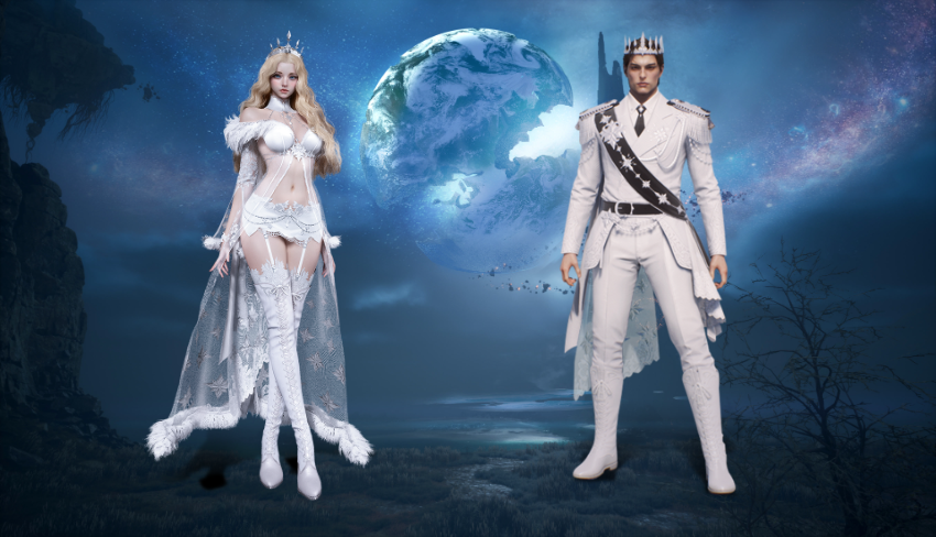 Male and female characters in white Moonlit Aria outfits under a large moon