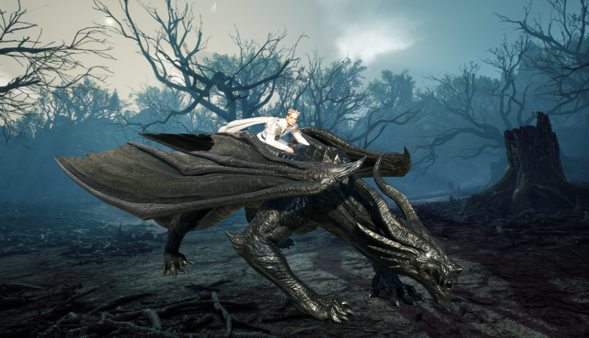 A character riding a large Black Dragon pet in a dark forest