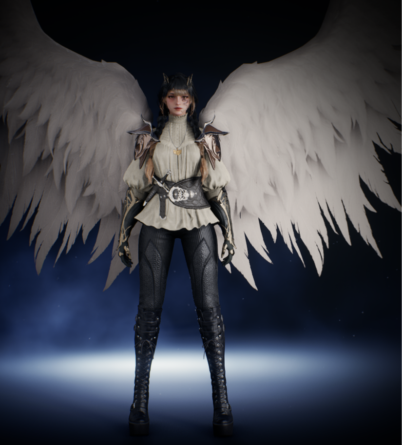 Character with large white wings and a dark outfit, posed against a starry background