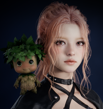 Character with a small leafy Adorable Young Elim companion on the shoulder