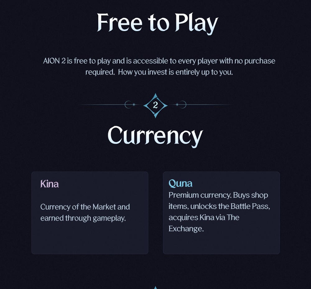 Graphic headed Free to Play, followed by a Currency section with Kina and Quna cards