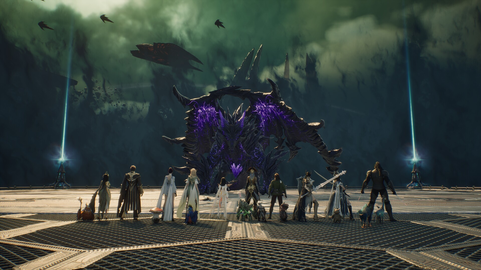 An AION 2 raid party facing a purple dragon boss