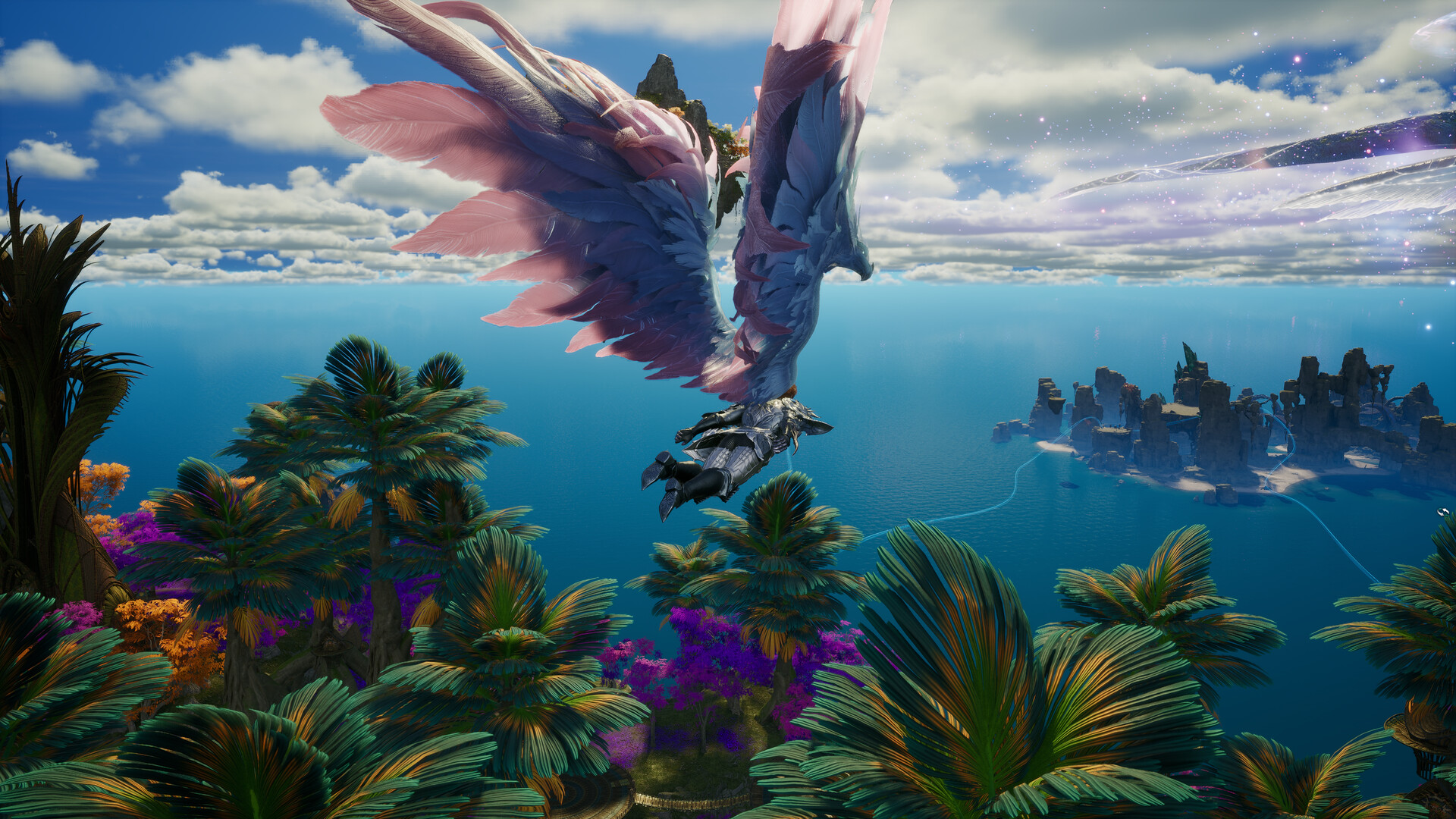 A winged AION 2 character flying low over a tropical sea