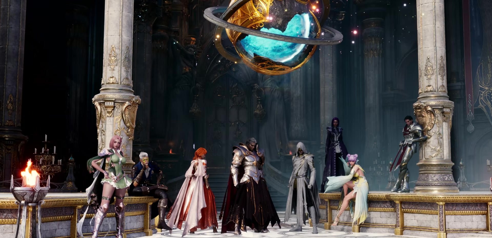 All eight AION 2 Global classes standing together in a hall
