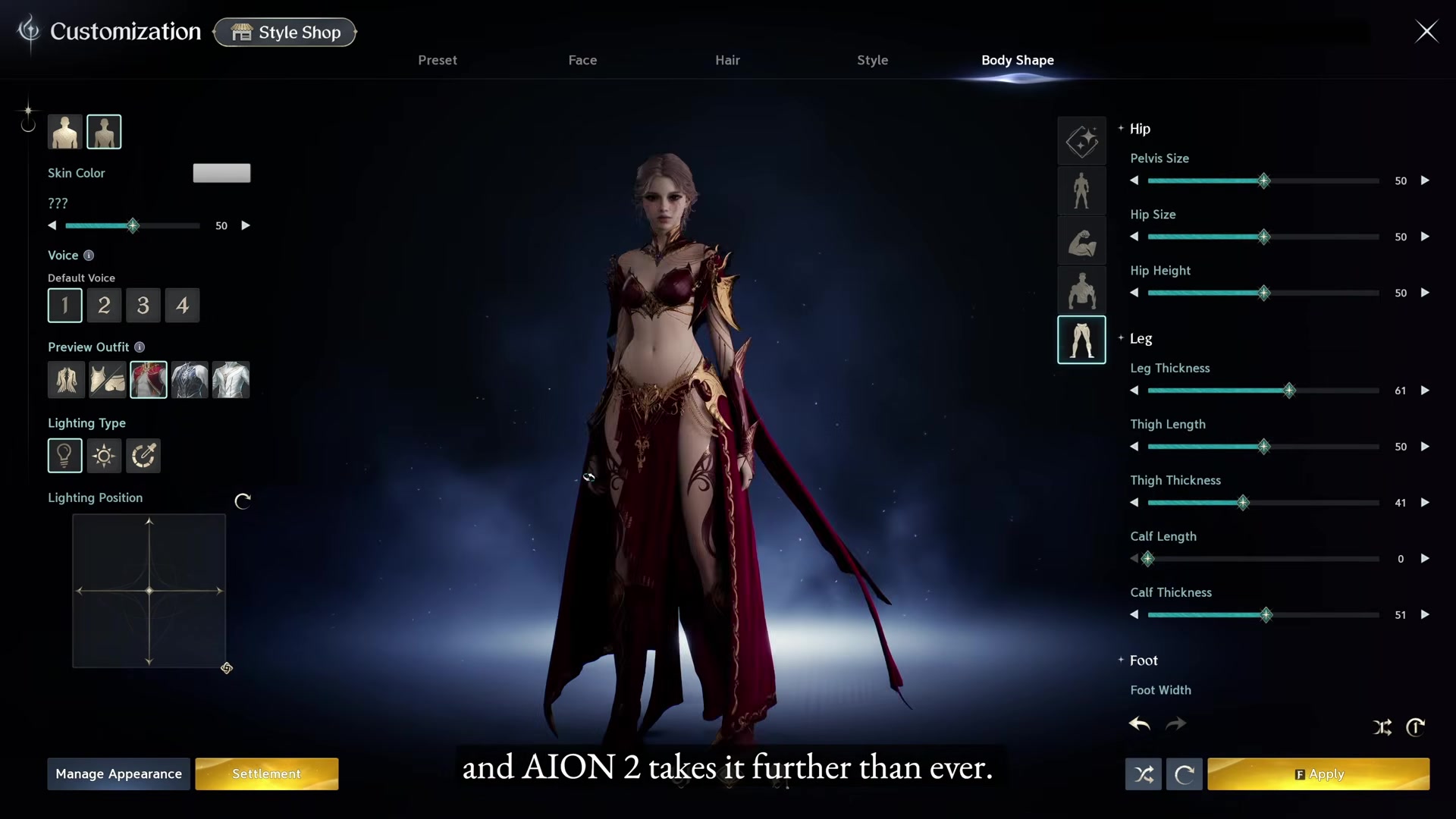 AION 2 Customization screen on the Body Shape tab with sliders on the right and a character model in the center