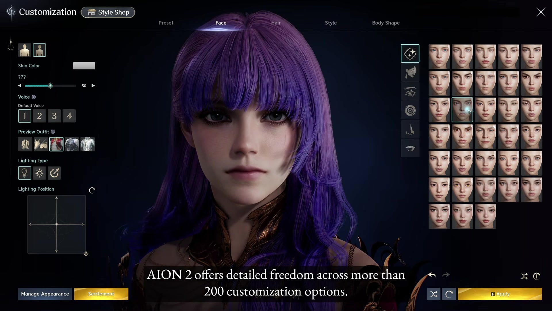 AION 2 Customization screen on the Face tab showing a grid of face presets beside a purple-haired character