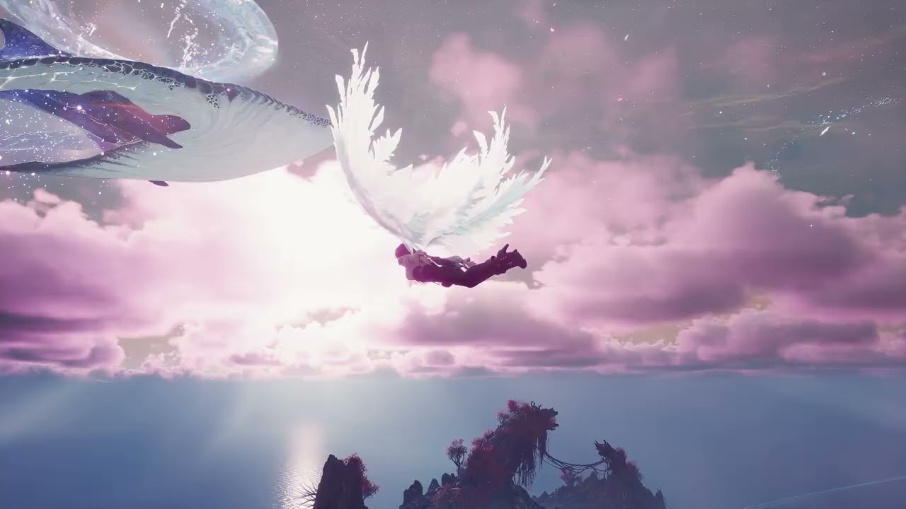Thumbnail of NC's AION 2 Flight video showing a character flying with white wings among pink clouds